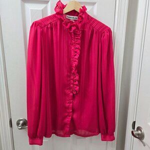 Vintage Caribou Button up Shirt Size 10 Hot Pink Sheer Ruffled‎ Blouse Coquette